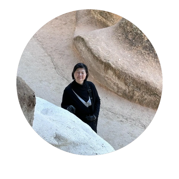 Melissa smiles softly near large rock formations, dressed in black and carrying a crossbody bag.