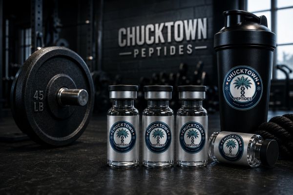 Fitness supplements with gym equipment in background.