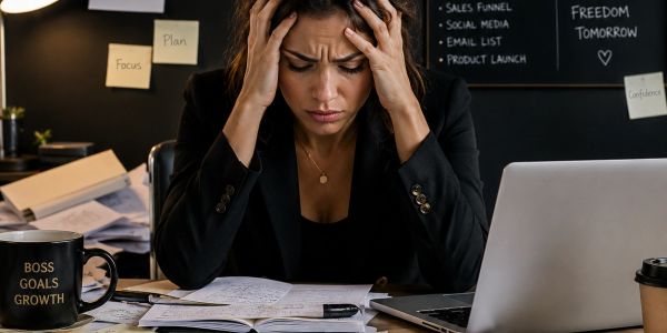 Stressed woman holding her head at a cluttered desk.