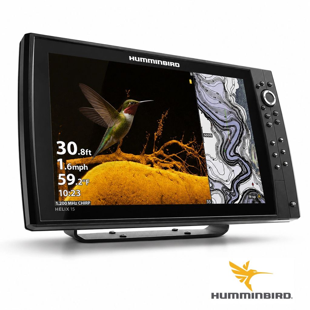 Humminbird HELIX 15 fish finder with detailed underwater and topographic display.