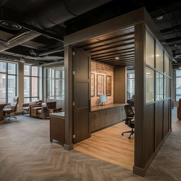 Modern office space with a private wooden cubicle and large windows.