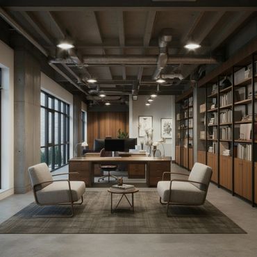 Modern office with cozy seating and extensive bookshelves.