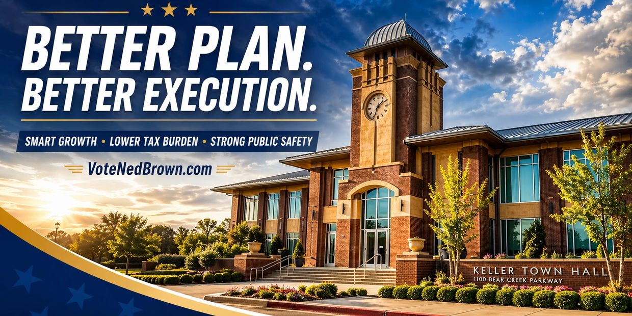 Campaign ad promoting Ned Brown with a town hall backdrop.