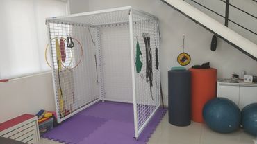 imagem da estrutura aberta da gaiola de habilidades. Rolos e bolas de exercício ao lado.