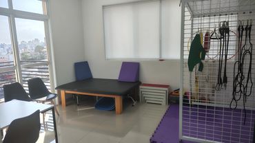 Foto da sala de terapia, com mesa a esquerda, gaiola de habilidades a direita e tablado ao fundo.