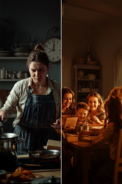 a two-up image of 2 different families. One mom disgruntled in the kitchen and a family happy around