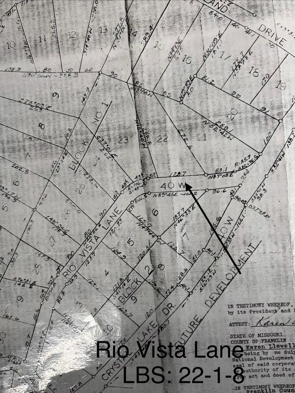 A detailed black-and-white map of Rio Vista Lane lots with measurements and annotations.