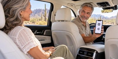 A mature passenger reviews a phone payment screen with her driver in a parked vehicle in Tucson.
