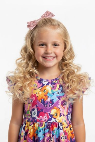 Smiling girl with curly blonde hair wearing a colorful My Little Pony dress and pink bow.