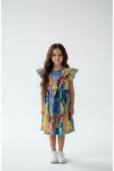 Young girl in colorful princess-themed dress and white sneakers.
