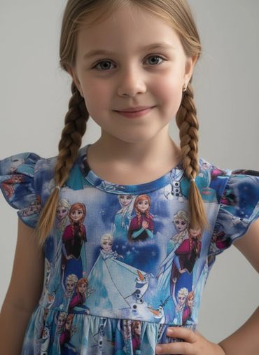 Smiling girl with braided hair wearing a Frozen-themed dress.