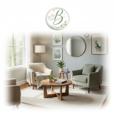 Cozy living room with modern chairs, wooden tables, and soft lighting.