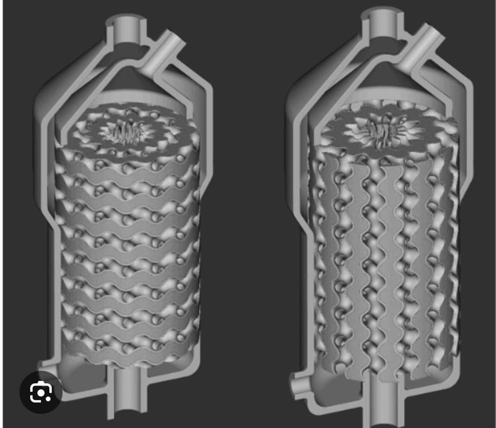 3D models of two cylindrical mechanical filters with wavy internal structures.