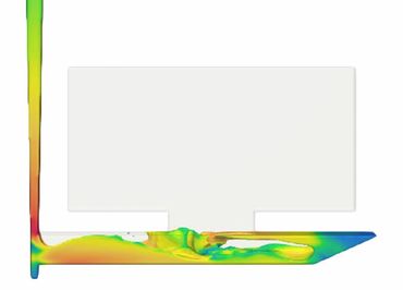 Colored fluid dynamics simulation around a rectangular object in a channel.