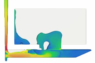 Colorful fluid simulation showing flow dynamics within a rectangular container.