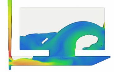 Fluid dynamics simulation showing airflow patterns in a duct system.