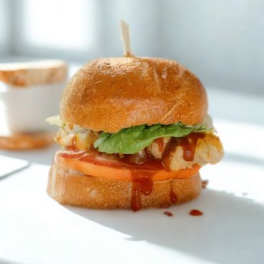 Crunchy turmeric battered chicken on home made bun with dripping BBQ Sauce.