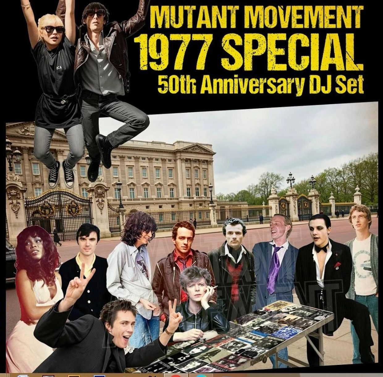 Collage of iconic punk and rock musicians celebrating the 1977 Mutant Movement's 50th anniversary.