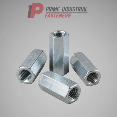 Four metal coupling nuts arranged under a logo.
