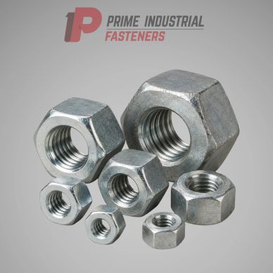 Various sizes of metal hex nuts from Prime Industrial Fasteners.