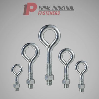 Set of five metal eye bolts with nuts.