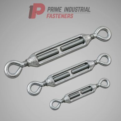 Three metal turnbuckles of different sizes on a grey background.