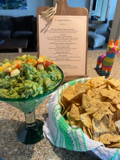 taco appetizer bar with nacho chips and fresh guacamole for event, Yummy Fixins