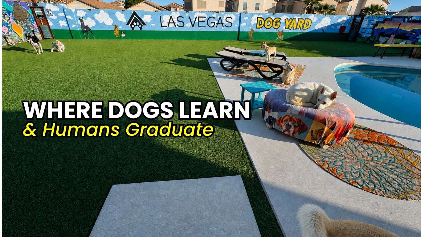 Dogs enjoying the outdoor space at Las Vegas Dog Yard, featuring artificial turf and a swimming pool