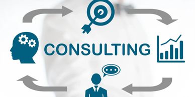 Illustration of consulting with icons for strategy, growth, and communication.