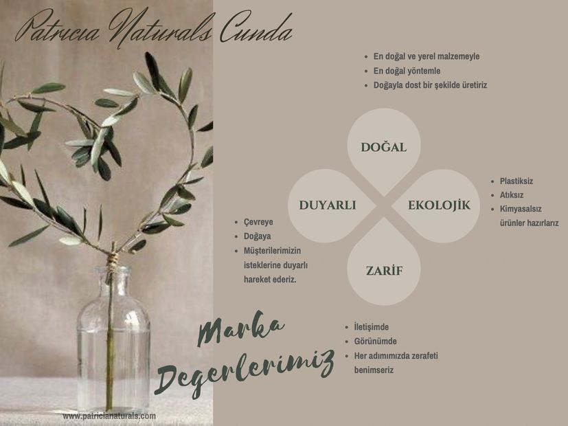 Patricia Naturals Cunda Marka Değerleri 
Doğal, Duyarlı, Ekolojik, Zarif
