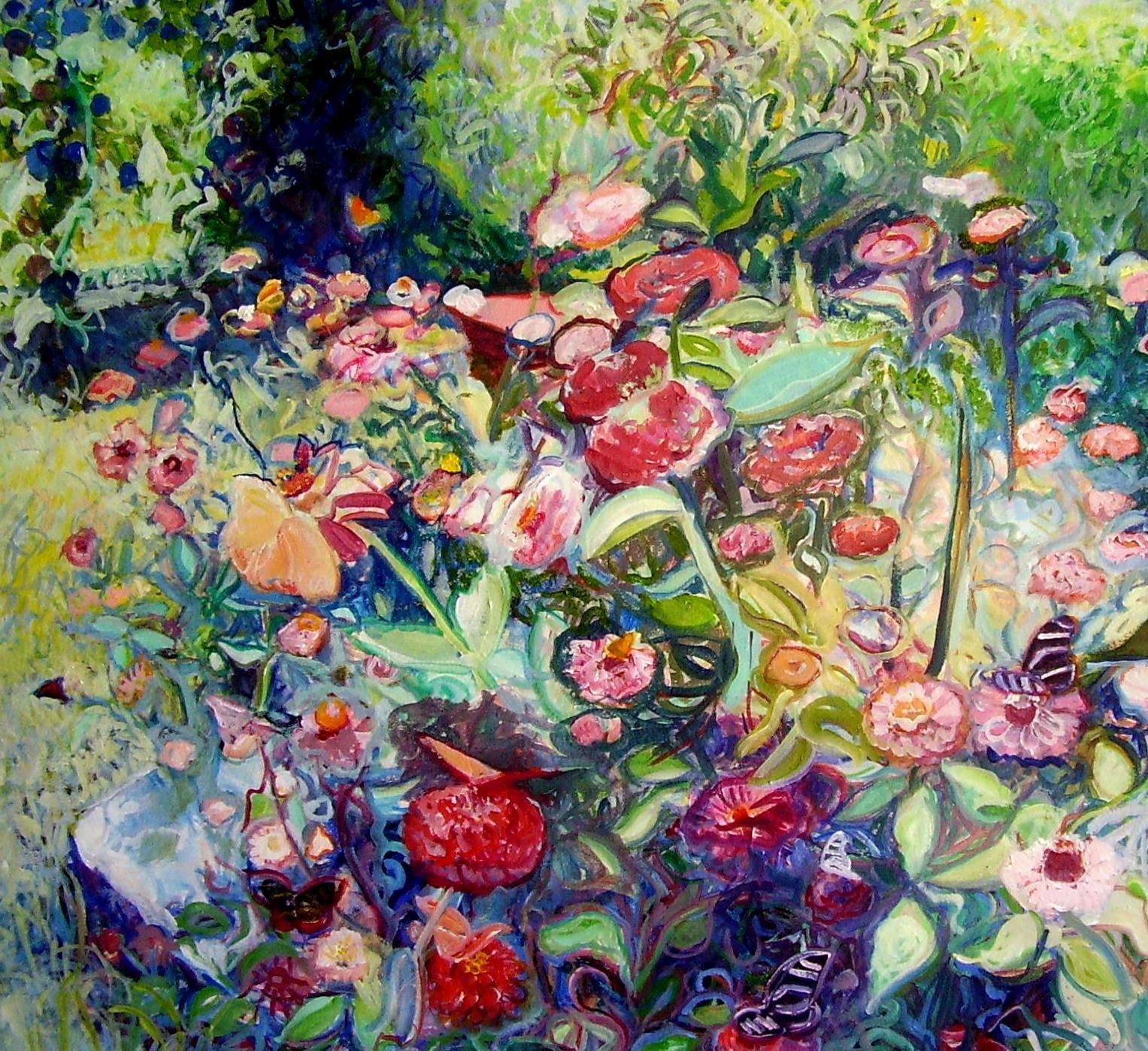 Zinnias with Butterflies, by Suzanne Gilliard