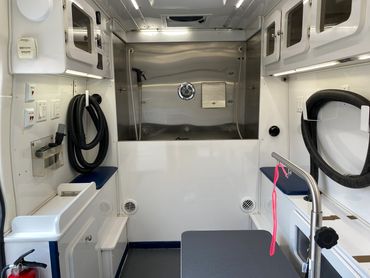 Interior view of the mobile grooming van.  Stainless steel bathing tub and grooming table