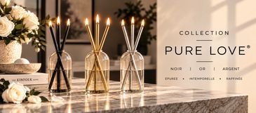 Chandelles décoratives iiiLUMINA® – Collection Pure Love, noir, or et argent.