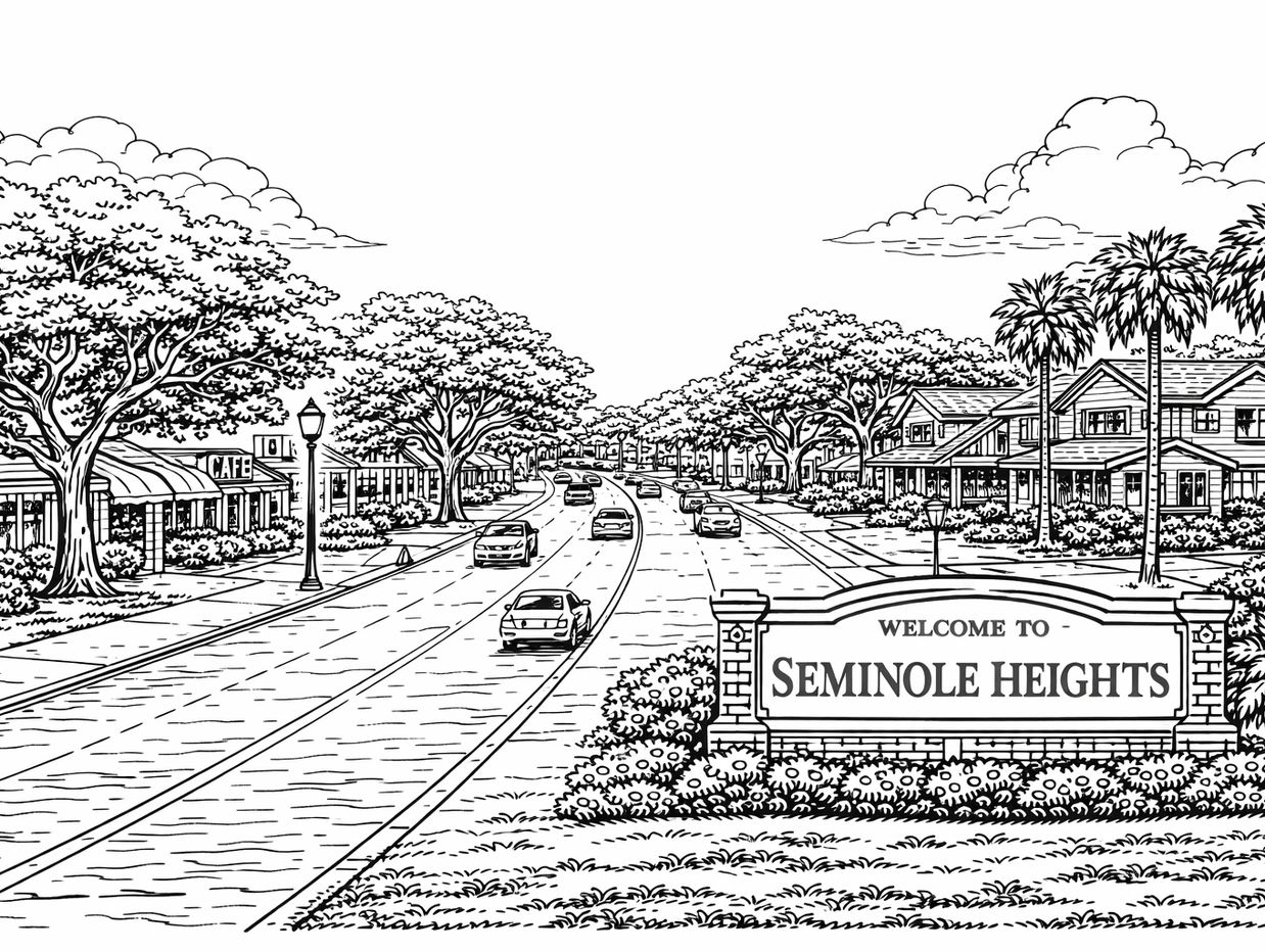 Black and white illustration of Seminole Heights neighborhood street with cars and trees.