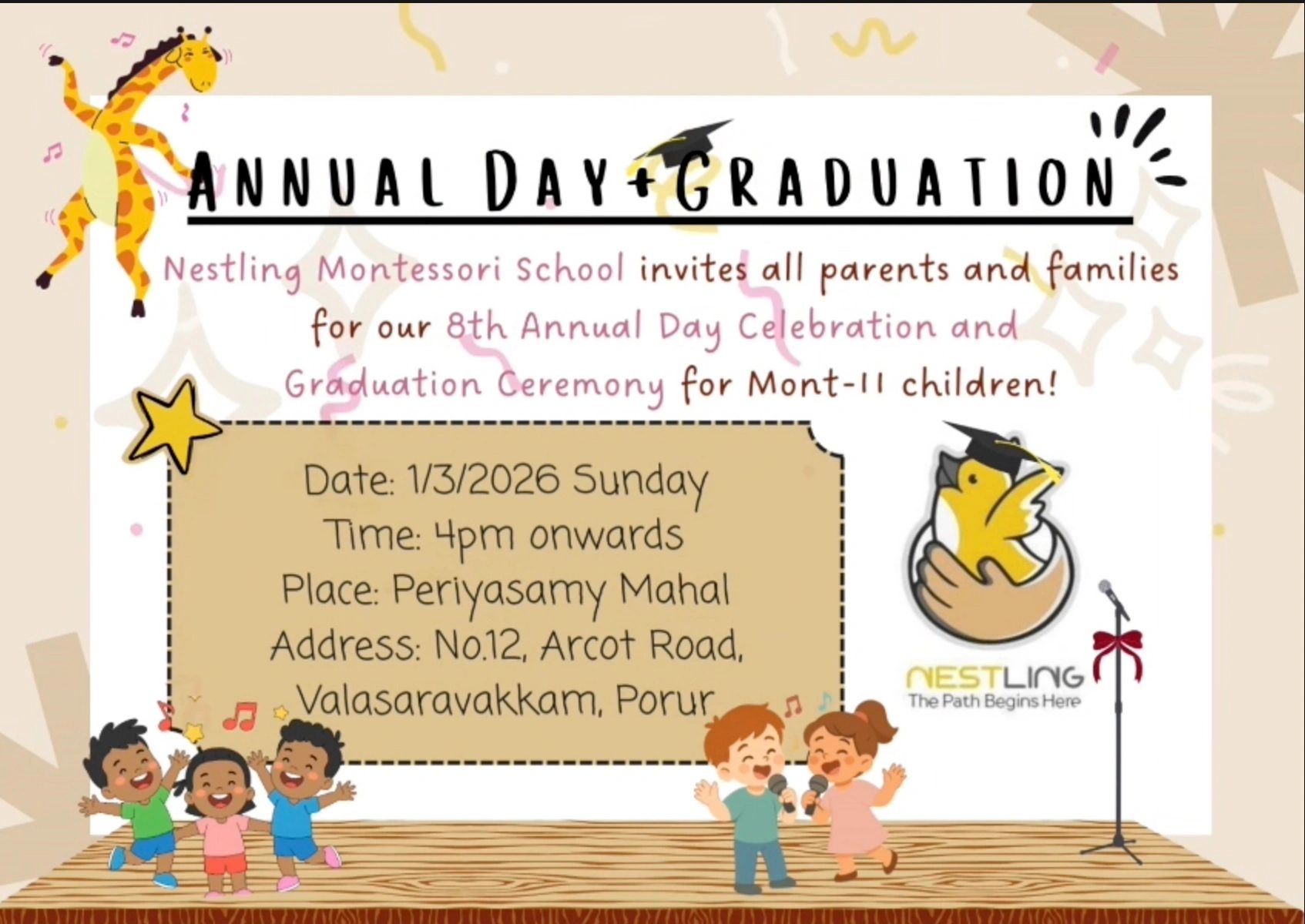 Invitation for Annual Day and Graduation at Nestling Montessori School.