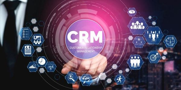 Businessman interacting with CRM interface.