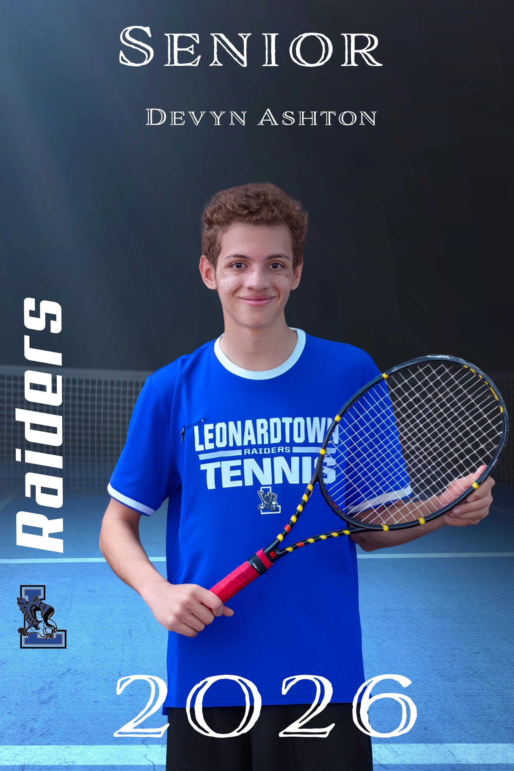 Senior tennis player Devyn Ashton posing with racket, wearing Leonardtown Raiders shirt.