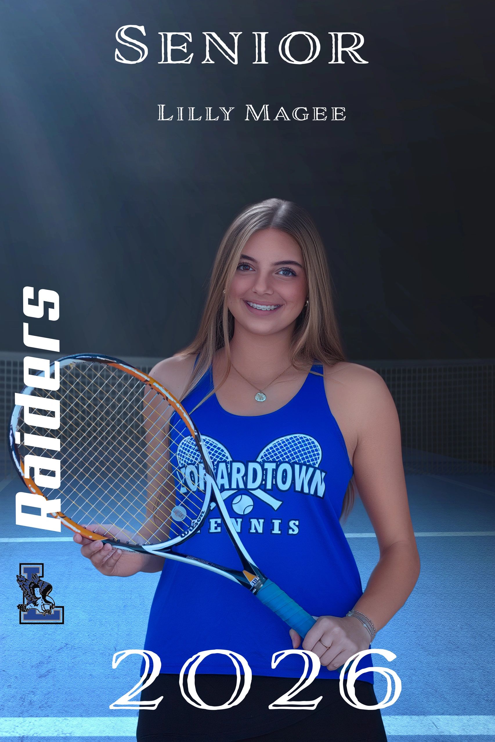 Senior tennis player Lilly Magee smiling with rackets on a court.