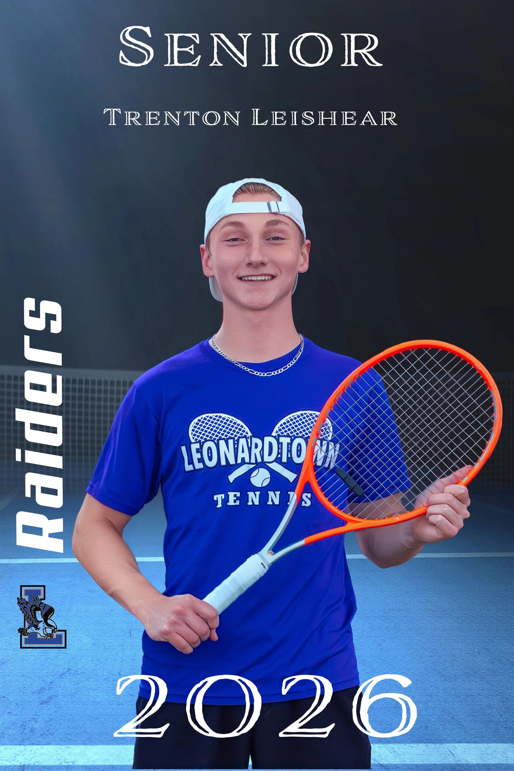 Senior tennis player Trenton Leishear posing on court with racket.