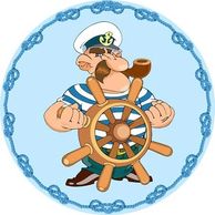 Cartoon sailor gripping a ship's wheel with a pipe in his mouth, framed by a rope circle.