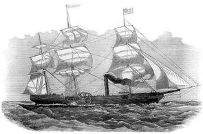 Black and white illustration of a steam-powered sailing ship with paddle wheels.