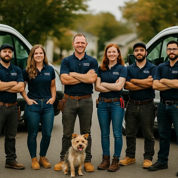 Coleman Electric team standing in uniform with company vans and dog mascot
