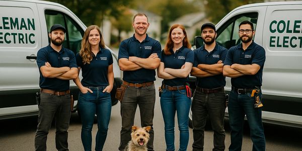 Coleman Electric team of licensed electricians standing proudly in front of service vans