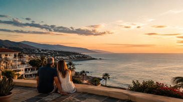 Couple overlooking the Mexican coast at sunset