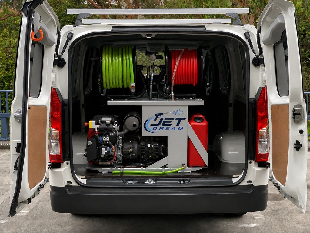 Open van with jet dream cleaning equipment inside.