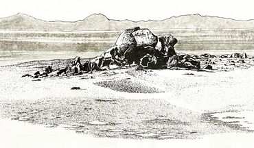 Drawing in indian ink on hand made paper, large boulders on a beach at Yanakie, Victoria, titled "On
