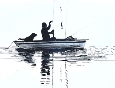 Boat, Fisherman, dog, fishing