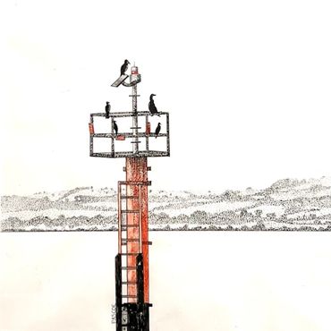 Sea, navigation beacon,  red pole, roosting cormorants, rolling hills