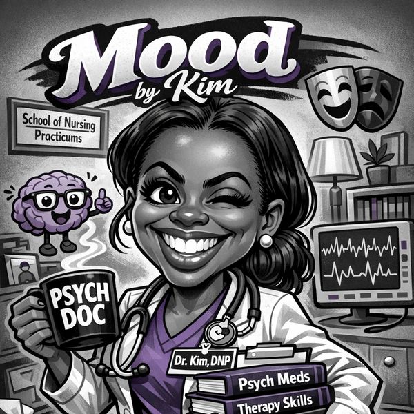 Caricature of Dr. Kim, a cheerful psych doctor with books and a coffee mug.