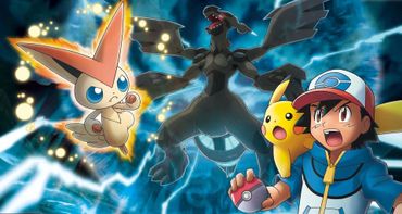 Ash and Pikachu battle alongside Victini and Zekrom in an intense Pokémon showdown.